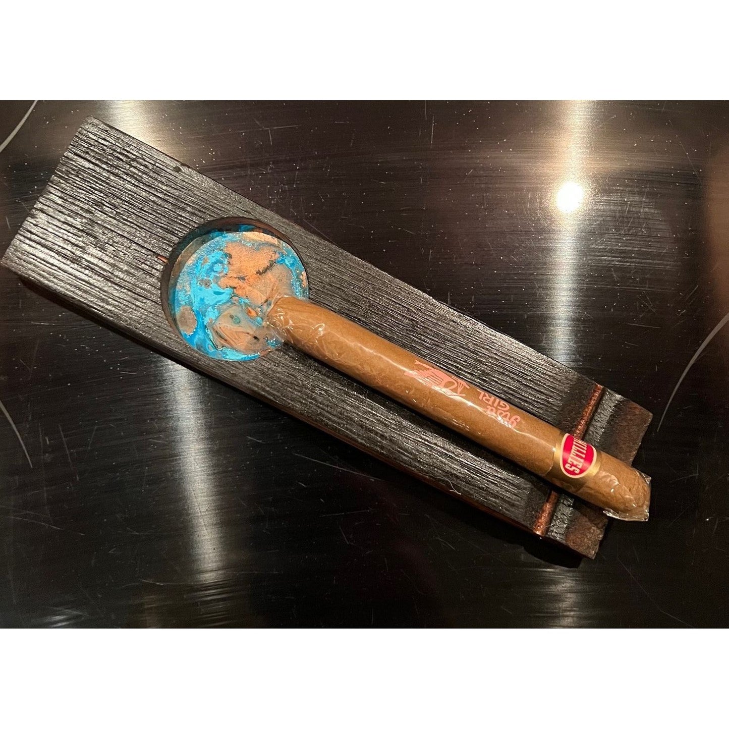 Whiskey Stave Cigar Ashtray with patina copper inlay